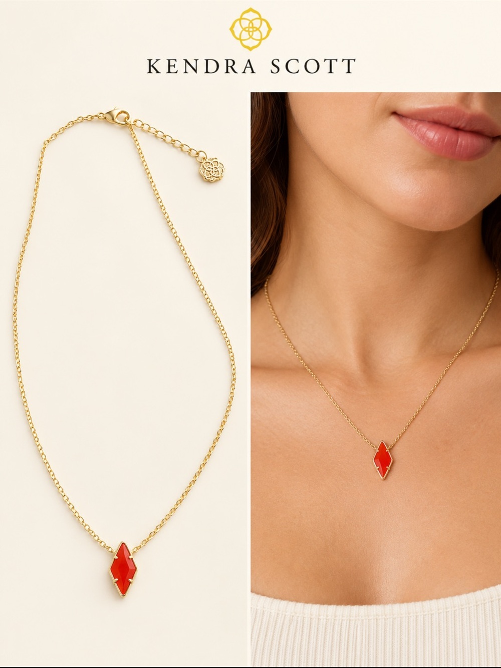 Kendra Scott Gold Necklace with Orange-Red Pendant